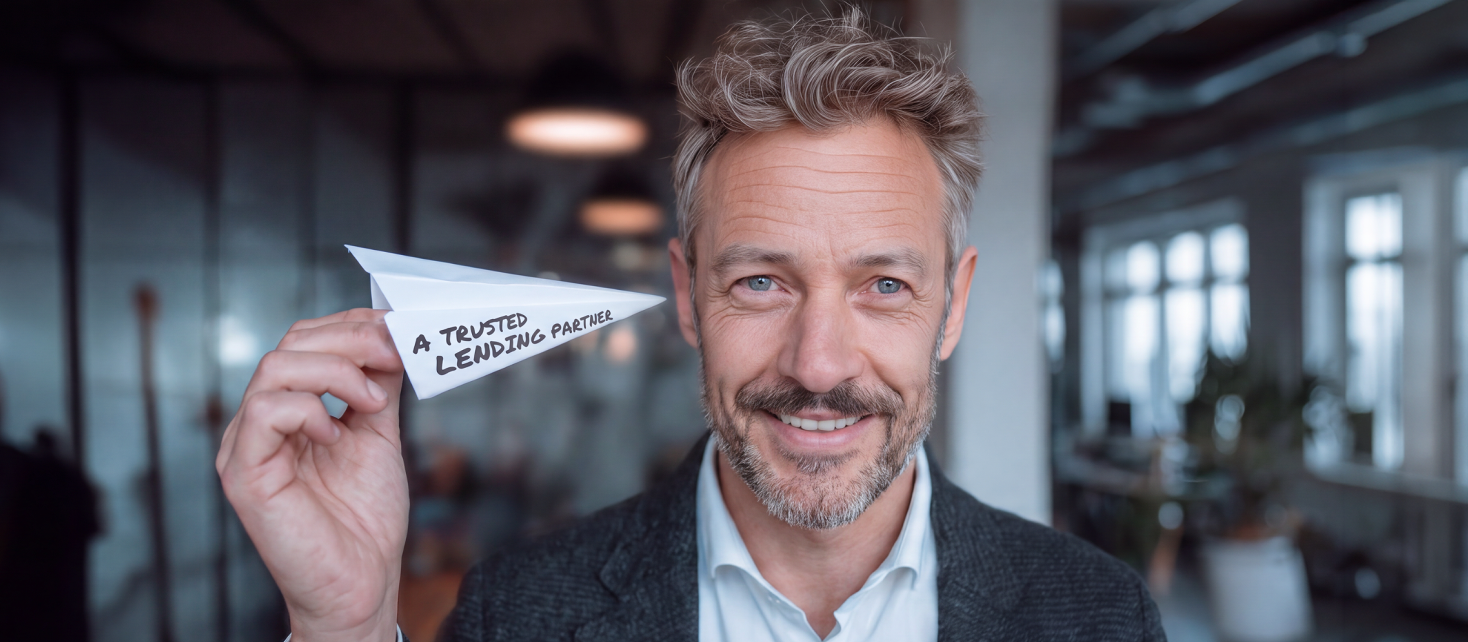man holding plane that reads "a trusted lending partner"