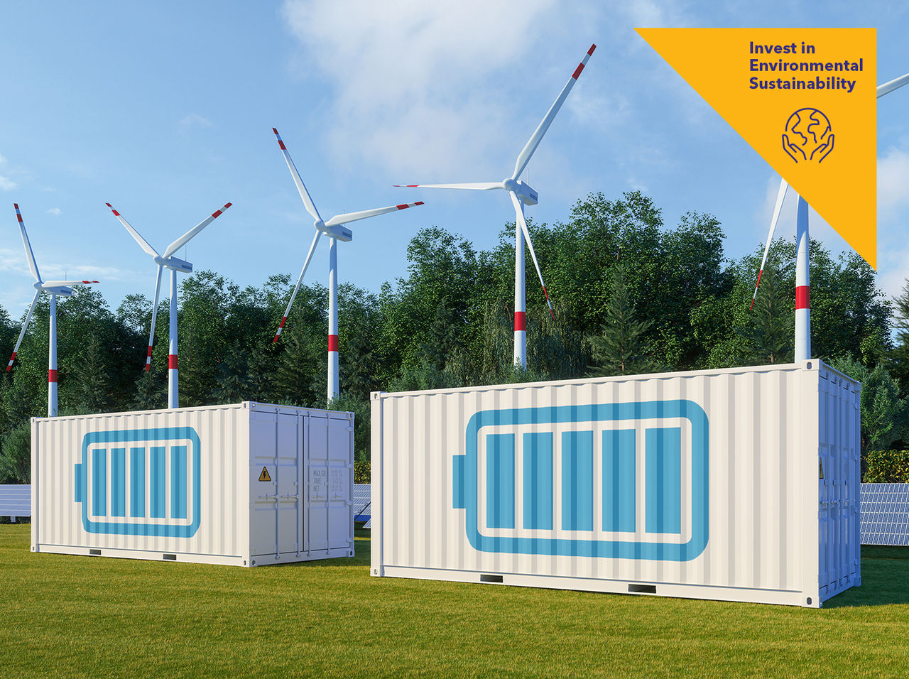 Energy Storage System With Solar Panel, Wind Turbines and Li-ion Battery Containers for environmental solutions.